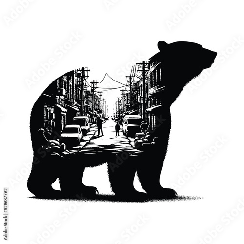 silhouette of Polar bear posefilled with ghetto street in rough drawing,
