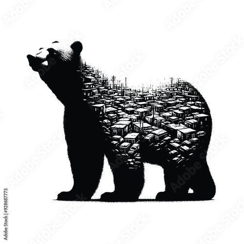 silhouette of Polar bear posefilled with ghetto street in rough drawing,