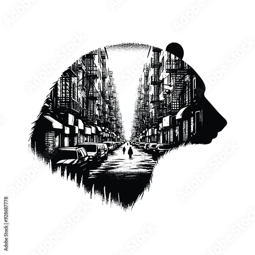 silhouette of Polar bear filled with ghetto street in rough drawing,
