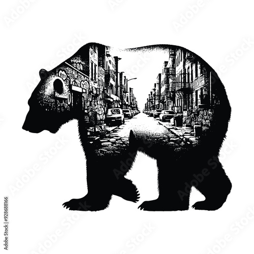 silhouette of Polar bear posefilled with ghetto street in rough drawing,