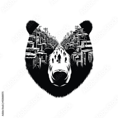 silhouette of Polar bear filled with ghetto street in rough drawing,