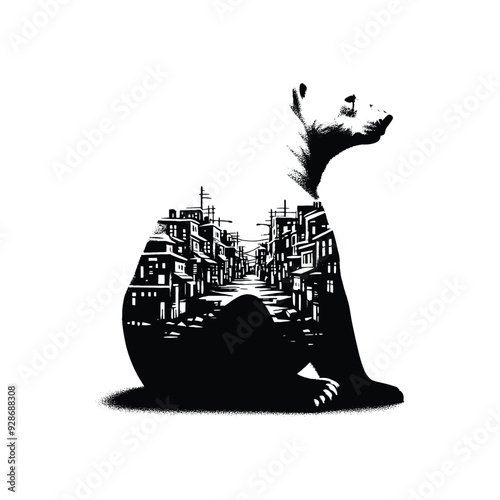 silhouette of Polar bear posefilled with ghetto street in rough drawing,