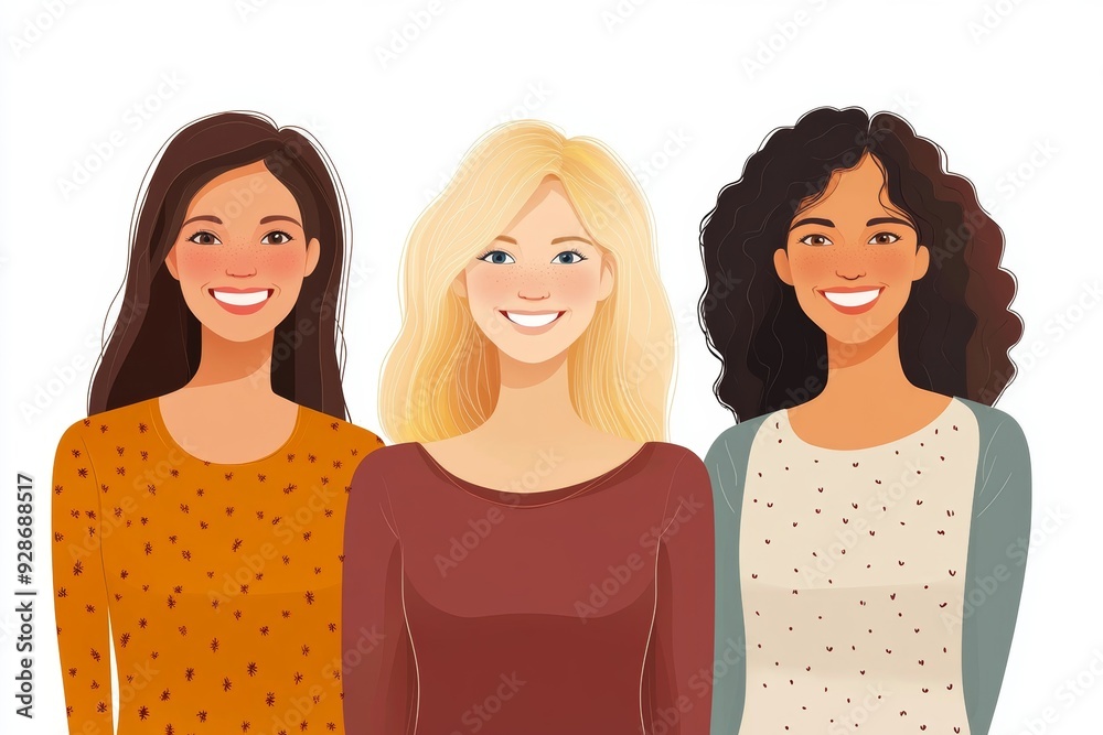 International Women's Day. illustration of four happy smiling diverse women standing together. Isolated on white, Generative AI International Women's Day. illustration of four happy smiling diverse women standing together. Isolated on white, Generative AI