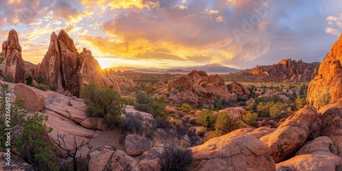 Stunning sunset illuminating rocky landscape with vibrant colors and dramatic clouds, showcasing nature's beauty and serenity.