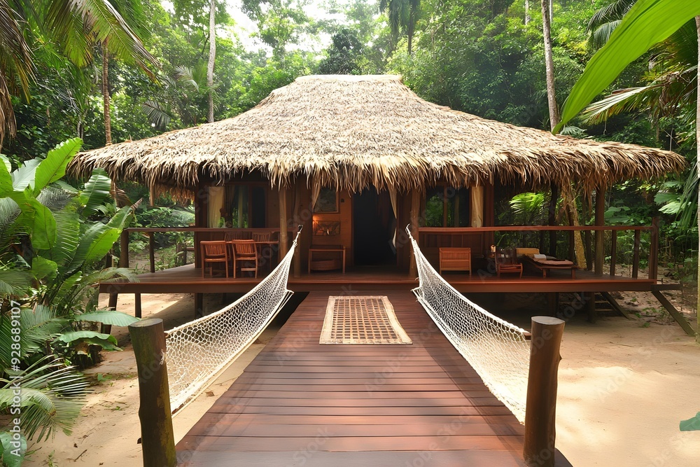 Tropical Hut with Wooden Bridge and Net Hammocks Tropical Hut with Wooden Bridge and Net Hammocks