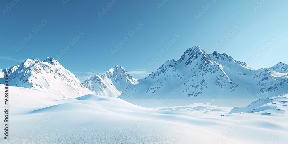 Obraz premium Stunning winter landscape featuring majestic snow-covered mountains under a clear blue sky, evoking serenity and tranquility.