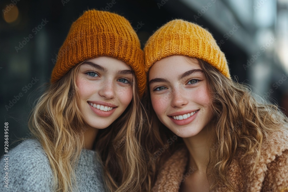 Portrait of two cheerful young women standing together, Generative AI