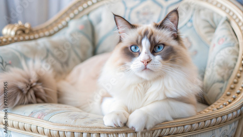 Ragdoll Cat Lounging Regally on Ornate Pet Bed Embodying Feline Elegance and Grace