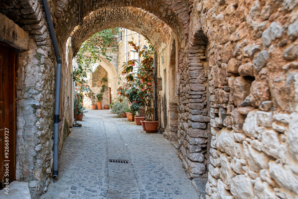 The old village of Mesta is one of the main Mastihochoria villages in Chios, Greece.Chios stone houses, streets.