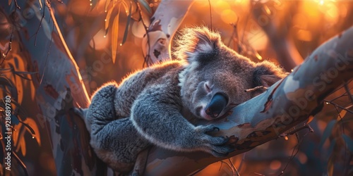 Morning scene of a adorable koala peacefully snoozing on a tree branch photo