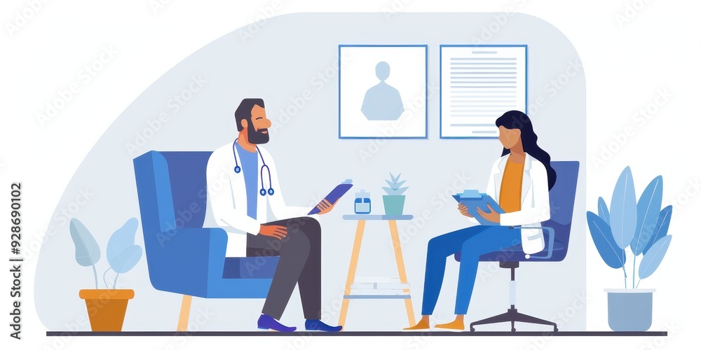 Two healthcare professionals discussing patient care in a modern clinic setting, promoting collaboration and communication. Two healthcare professionals discussing patient care in a modern clinic setting, promoting collaboration and communication.