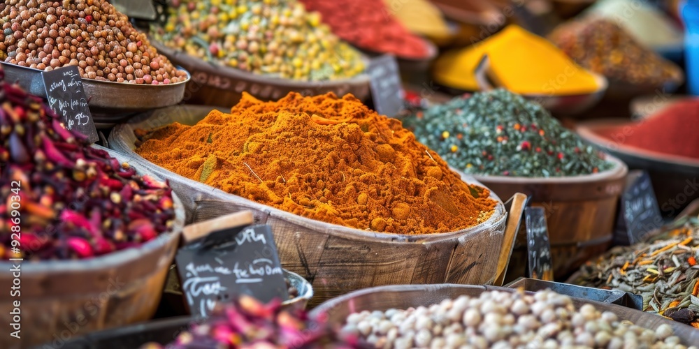 Vibrant and colorful spices displayed in traditional bowls at a market, showcasing the rich diversity of culinary flavors. Vibrant and colorful spices displayed in traditional bowls at a market, showcasing the rich diversity of culinary flavors.
