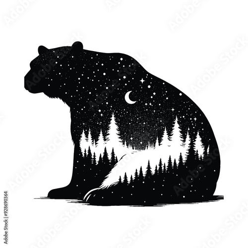 silhouette of Polar bear posefilled with nature night view in rough drawing,