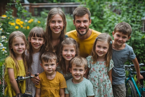 Family photo, family and nine children posing in the background of the garden with two bicycles xylophone, Generative AI
