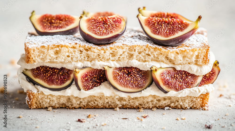figs and cream cheese, A cream sandwich with fresh cream and fruit, side view, figs sliced in half, dessert, bakery figs and cream cheese, A cream sandwich with fresh cream and fruit, side view, figs sliced in half, dessert, bakery