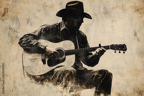 Silhouette of cowboy playing acoustic guitar