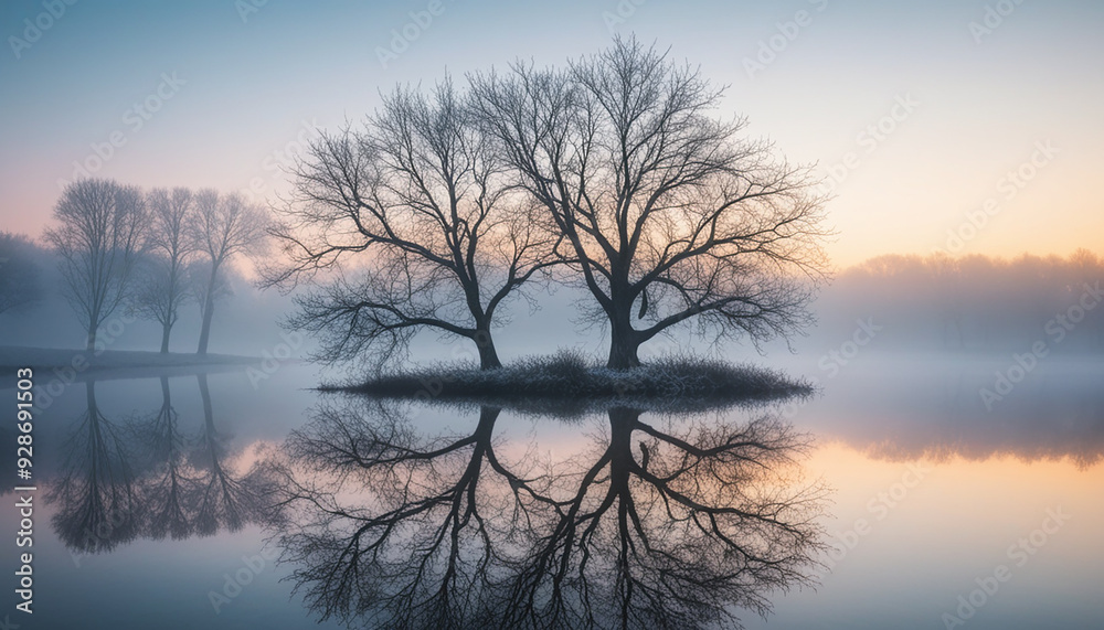 A Tree With Its Reflection In The Water Winter Landscape Sunrise Foggy Sky Cold Colors A Tree With Its Reflection In The Water Winter Landscape Sunrise Foggy Sky Cold Colors
