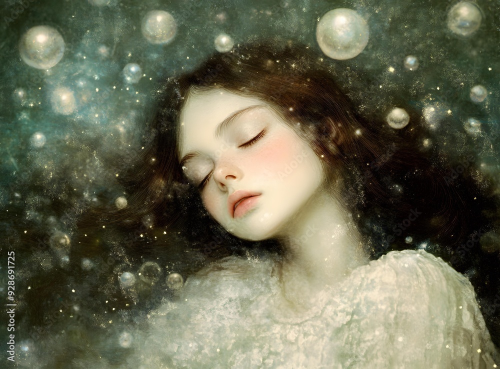 Sleeping Girl Surrounded by Stars and Bubbles Sleeping Girl Surrounded by Stars and Bubbles