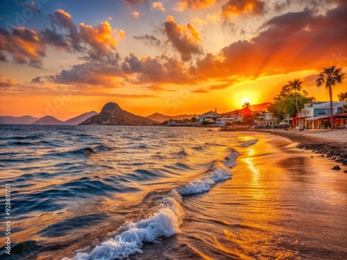 Warm orange hues illuminate the serene seaside town of Turgutreis as a tranquil sunset unfolds, with soft waves gently lapping against the peaceful shores. photo