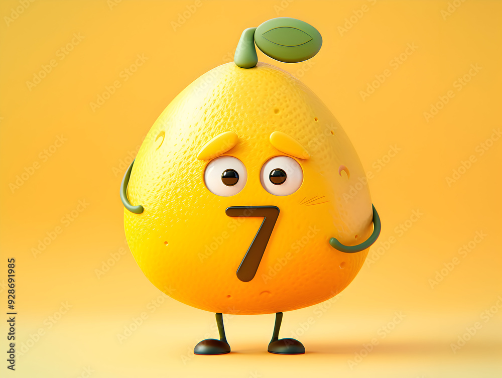 Fototapeta premium Cheerful Lemon Cartoon Character with Number Seven, Expressing Emotion in a Playful Yellow Background
