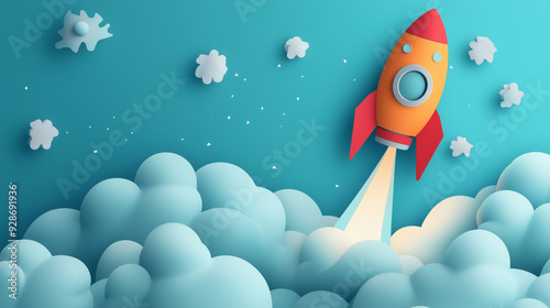 Colorful rocket launching through clouds symbolizing startup growth and innovation