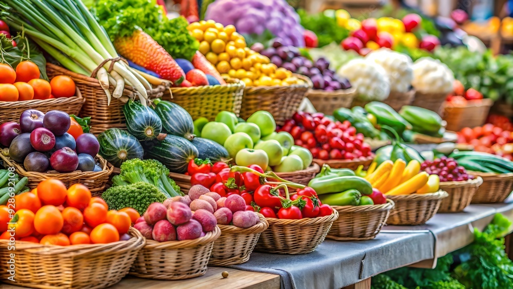 Close-up of fresh organic fruits and vegetables on display at a farmer's market, nutrition, healthy, natural Close-up of fresh organic fruits and vegetables on display at a farmer's market, nutrition, healthy, natural