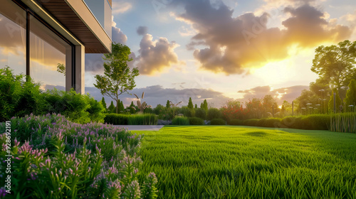 Beautiful house backyard with fresh green grass photo