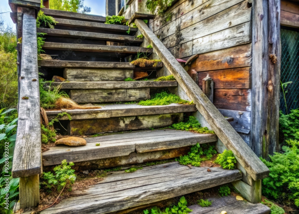 Weathered wooden stairs with broken joints and rotten planks, overgrown with fungus, decaying from dampness, revealing signs of neglect and disrepair. Weathered wooden stairs with broken joints and rotten planks, overgrown with fungus, decaying from dampness, revealing signs of neglect and disrepair.