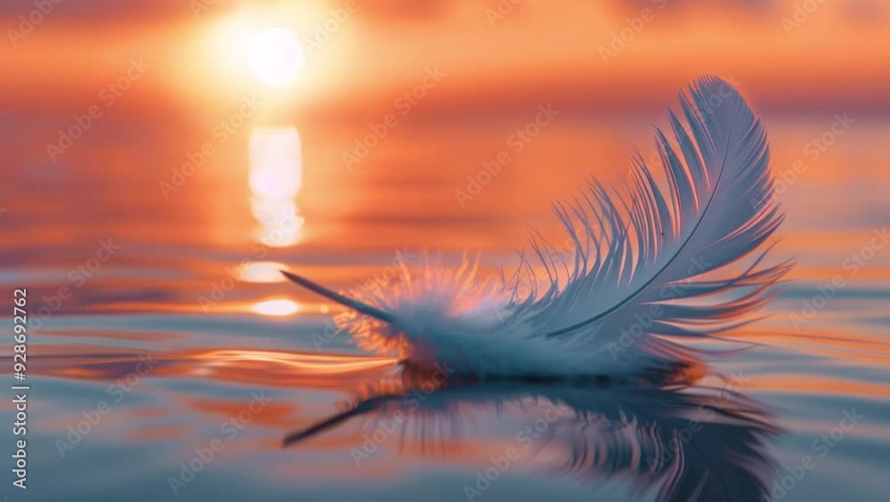 A beautifully serene scene of a delicate feather gently floating on calm water during a vibrant sunset A beautifully serene scene of a delicate feather gently floating on calm water during a vibrant sunset