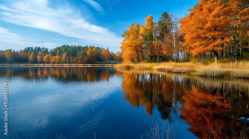 Serene Autumn Lake Reflecting Brilliant Fall Foliage with Calm Water Surface