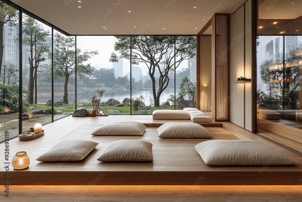 Modern Zen Interior Design with Floor Cushions and a Tranquil River View Modern Zen Interior Design with Floor Cushions and a Tranquil River View