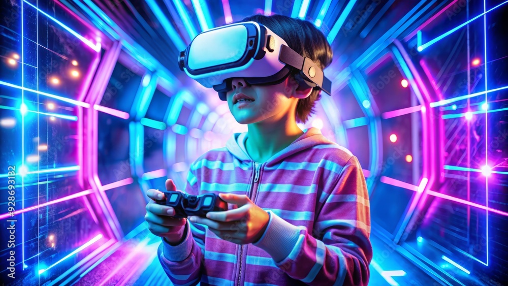 Young Asian gamer wearing futuristic virtual reality headset and holding controllers, fully immersed in a futuristic virtual world with vibrant neon lights surround. Young Asian gamer wearing futuristic virtual reality headset and holding controllers, fully immersed in a futuristic virtual world with vibrant neon lights surround.