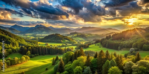 Golden Hour Over the Austrian Alps, Aerial View, Sunset, Mountains, Landscape, Forest , Austria