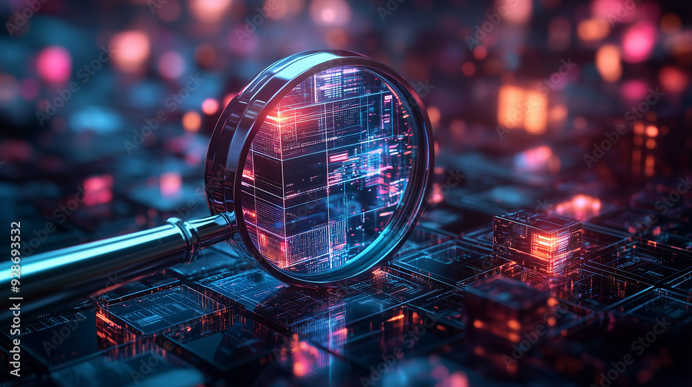 Magnifying Glass Inspecting Digital Cube in Neon Cyber Environment Magnifying Glass Inspecting Digital Cube in Neon Cyber Environment
