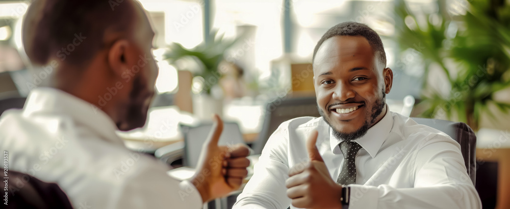 Obraz premium Smiling businessman giving thumbs up in a bright office setting