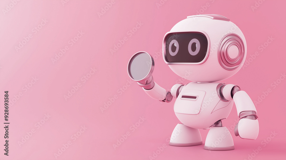 Cute Robot with Magnifying Glass on Pink Background Cute Robot with Magnifying Glass on Pink Background