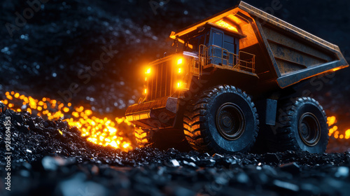 Heavy mining dump truck illuminated with vibrant lights, operating at night in a coal mine, showcasing industry and technology.