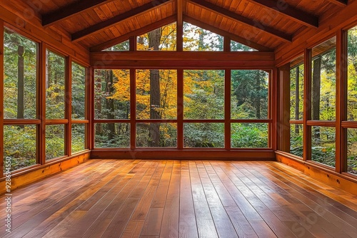 Empty wooden cabin with forest view windows