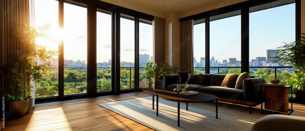 Fototapeta premium A modern living room with large windows showcasing a vibrant cityscape and greenery, bathed in warm sunlight.