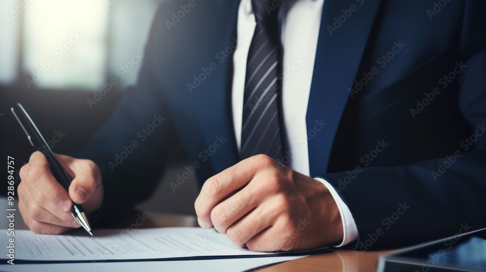A businesswoman reviewing documents, holding a pen and wearing a stylish blazer A businesswoman reviewing documents, holding a pen and wearing a stylish blazer