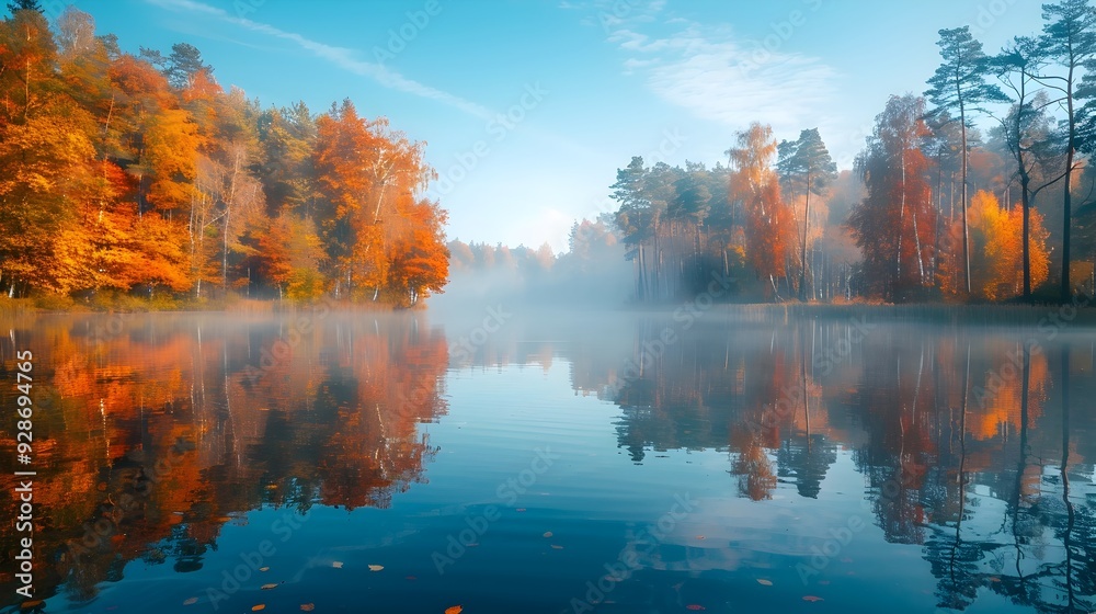 Serene Autumn Morning with Mist Rising Over a Tranquil Lake Surrounded by Vibrant Fall Foliage Serene Autumn Morning with Mist Rising Over a Tranquil Lake Surrounded by Vibrant Fall Foliage