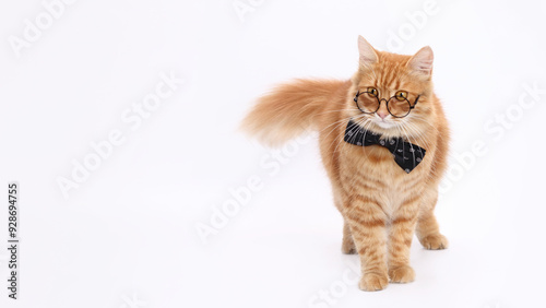 Cat wearing glasses and a bow tie, standing against a white background. Ideal for educational themes, university promotions, student-related content. Copy  Space. Perfect for advertising and marketing
