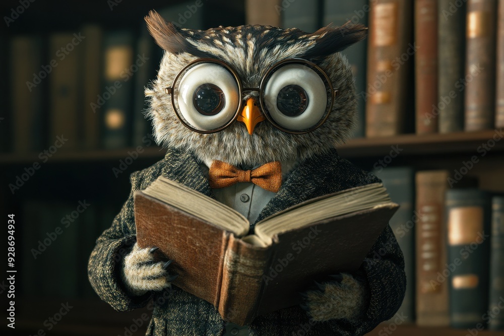 Professor Owl: An owl with a tweed jacket, bow tie, and round glasses, holding a book in a library. Professor Owl: An owl with a tweed jacket, bow tie, and round glasses, holding a book in a library.