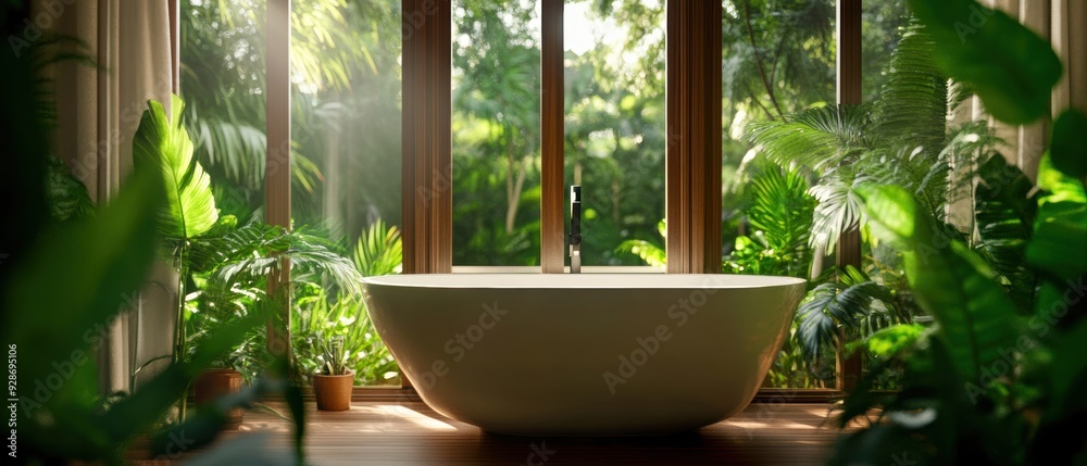 A serene bathroom with a large tub surrounded by lush greenery and natural light streaming through wooden windows. A serene bathroom with a large tub surrounded by lush greenery and natural light streaming through wooden windows.