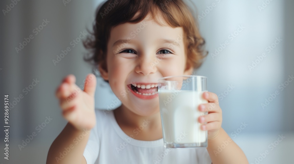 A child with milk dribbling , laughing happily as they drink from a glass. A child with milk dribbling , laughing happily as they drink from a glass.