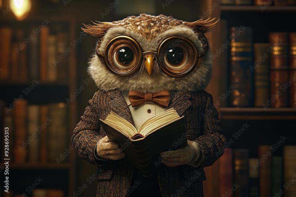 Professor Owl: An owl with a tweed jacket, bow tie, and round glasses, holding a book in a library. Professor Owl: An owl with a tweed jacket, bow tie, and round glasses, holding a book in a library.