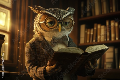 Professor Owl: An owl with a tweed jacket, bow tie, and round glasses, holding a book in a library.