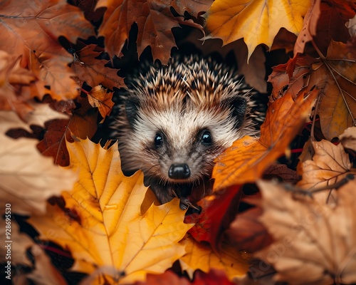 A Curious Hedgehog Nestled Among Vibrant Autumn Leaves Capturing the Season s Charm photo