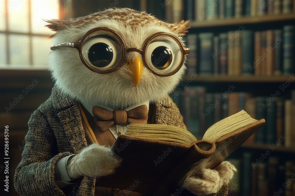 Professor Owl: An owl with a tweed jacket, bow tie, and round glasses, holding a book in a library.