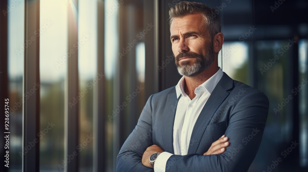 A confident businessman in a sleek office setting, arms crossed A confident businessman in a sleek office setting, arms crossed